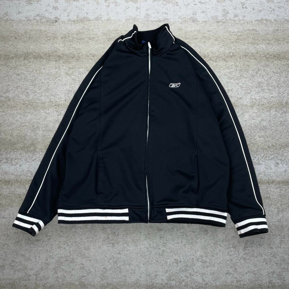 Vintage Y2K Reebok Track Jacket Mens L Jet Black White Logo Full Zip